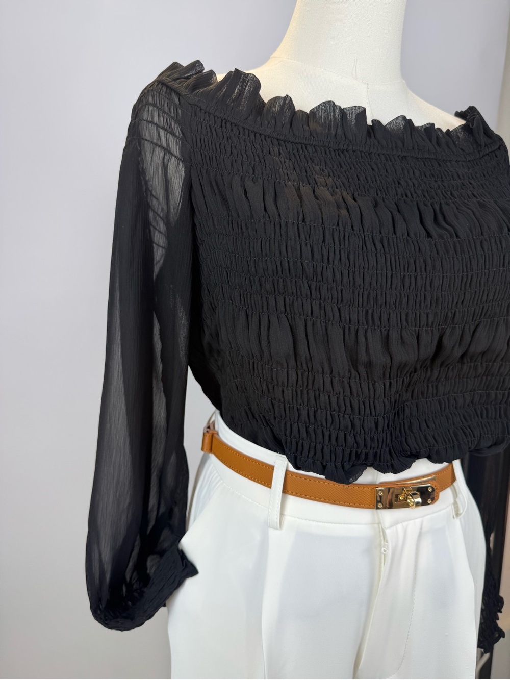 Express Black Smocked Off Shoulder Sheer Sleeve Blouse Top L - Picture 4 of 15